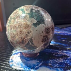 Polished Ocean Jasper Sphere – Orbicular Crystal (3.5” Diameter)